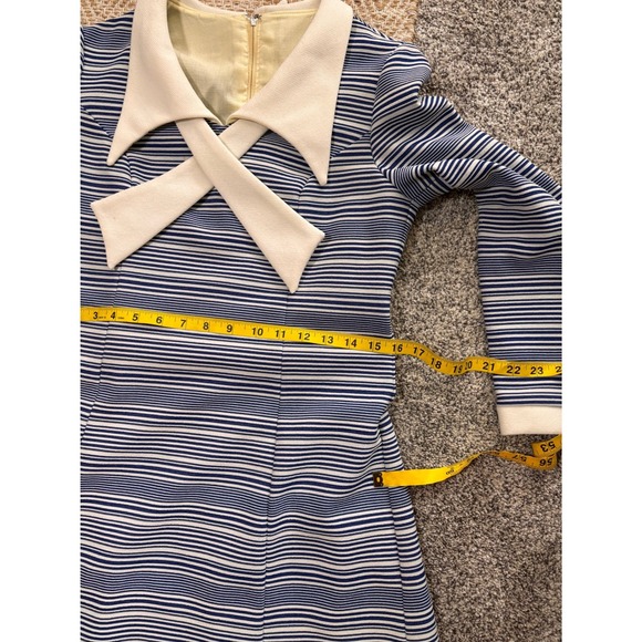 Vintage Sue Brett Mod Mini Dress Blue White Striped Bow Collar Long Sleeve 60s - Picture 6 of 9